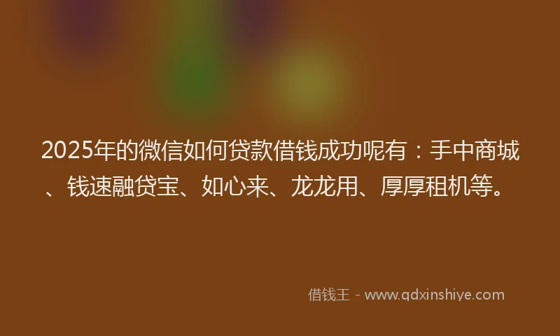 2025年的微信如何贷款借钱成功呢有：手中商城、钱速融贷宝、如心来、龙龙用、厚厚租机等。