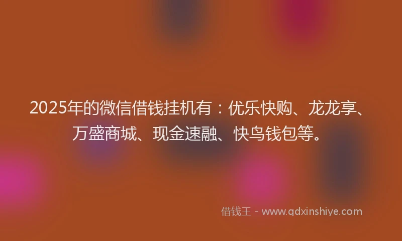 2025年的微信借钱挂机有：优乐快购、龙龙享、万盛商城、现金速融、快鸟钱包等。