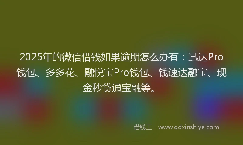 2025年的微信借钱如果逾期怎么办有：迅达Pro钱包、多多花、融悦宝Pro钱包、钱速达融宝、现金秒贷通宝融等。