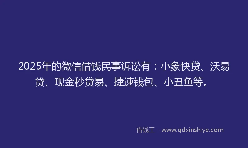 2025年的微信借钱民事诉讼有：小象快贷、沃易贷、现金秒贷易、捷速钱包、小丑鱼等。