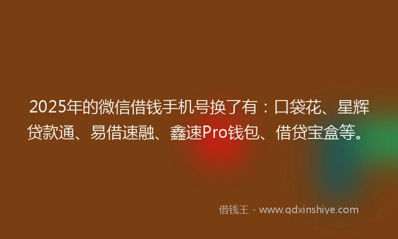 2025年的微信借钱手机号换了有：口袋花、星辉贷款通、易借速融、鑫速Pro钱包、借贷宝盒等。