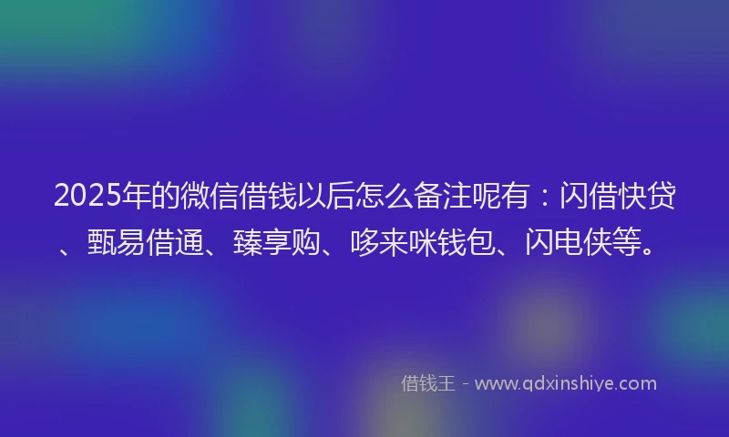 2025年的微信借钱以后怎么备注呢有：闪借快贷、甄易借通、臻享购、哆来咪钱包、闪电侠等。