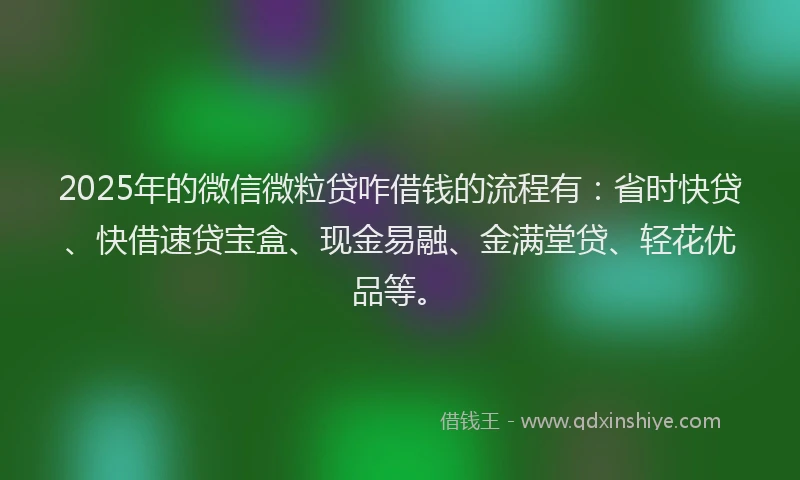 2025年的微信微粒贷咋借钱的流程有：省时快贷、快借速贷宝盒、现金易融、金满堂贷、轻花优品等。