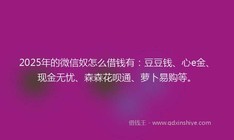 2025年的微信奴怎么借钱有：豆豆钱、心e金、现金无忧、森森花呗通、萝卜易购等。