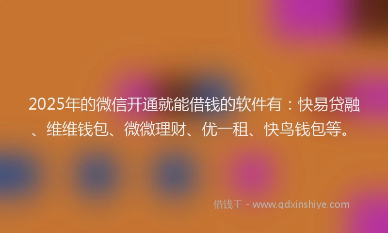 2025年的微信开通就能借钱的软件有：快易贷融、维维钱包、微微理财、优一租、快鸟钱包等。