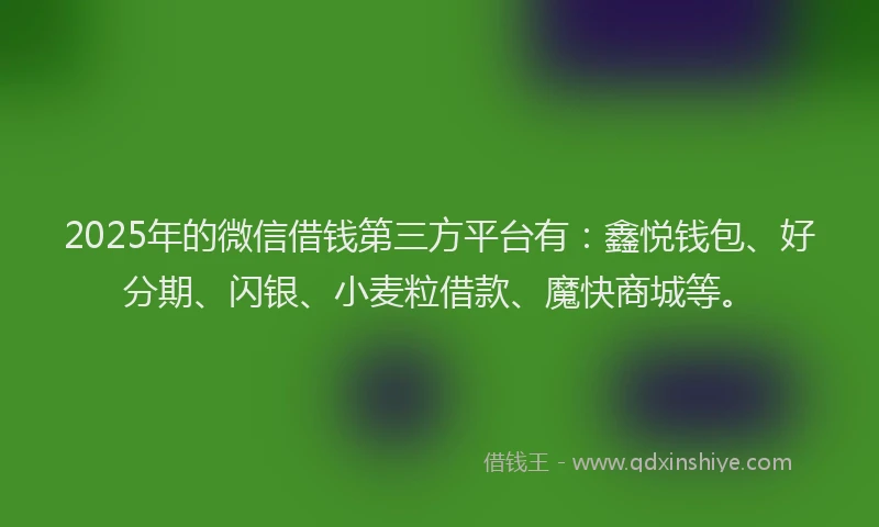 2025年的微信借钱第三方平台有：鑫悦钱包、好分期、闪银、小麦粒借款、魔快商城等。