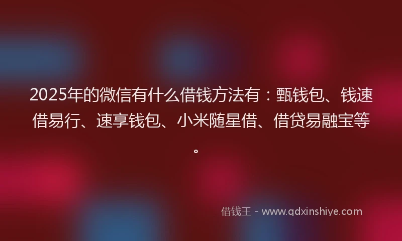 2025年的微信有什么借钱方法有：甄钱包、钱速借易行、速享钱包、小米随星借、借贷易融宝等。