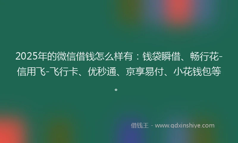 2025年的微信借钱怎么样有：钱袋瞬借、畅行花-信用飞-飞行卡、优秒通、京享易付、小花钱包等。