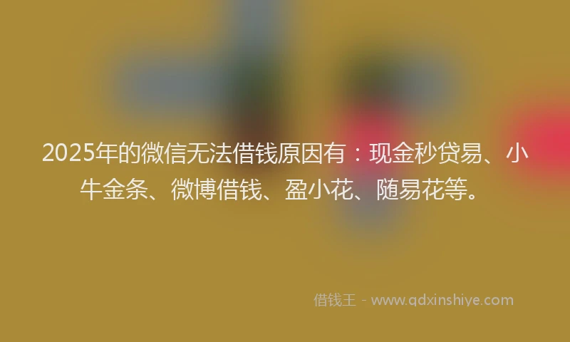 2025年的微信无法借钱原因有：现金秒贷易、小牛金条、微博借钱、盈小花、随易花等。
