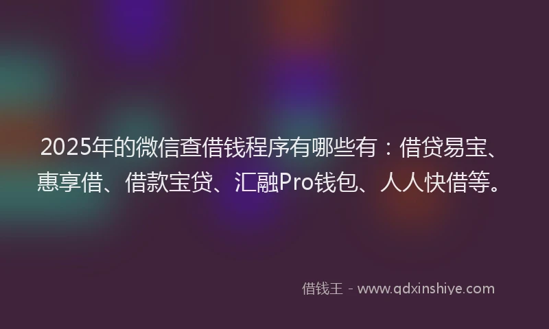 2025年的微信查借钱程序有哪些有：借贷易宝、惠享借、借款宝贷、汇融Pro钱包、人人快借等。