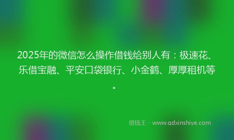 2025年的微信怎么操作借钱给别人有：极速花、乐借宝融、平安口袋银行、小金鹤、厚厚租机等。