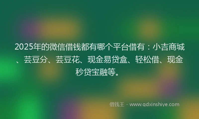 2025年的微信借钱都有哪个平台借有：小吉商城、芸豆分、芸豆花、现金易贷盒、轻松借、现金秒贷宝融等。