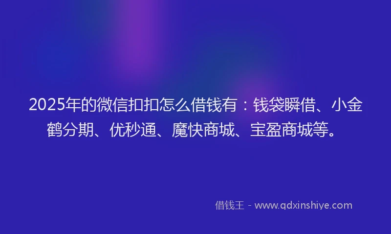 2025年的微信扣扣怎么借钱有：钱袋瞬借、小金鹤分期、优秒通、魔快商城、宝盈商城等。