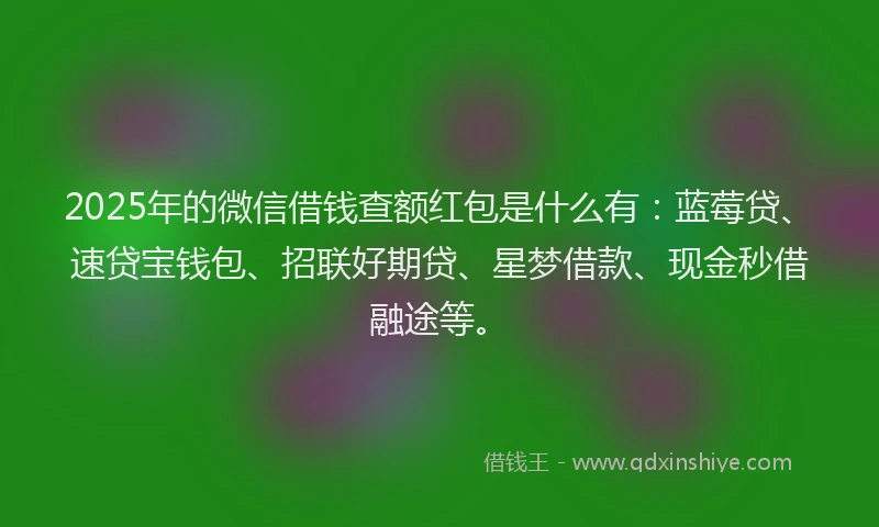 2025年的微信借钱查额红包是什么有：蓝莓贷、速贷宝钱包、招联好期贷、星梦借款、现金秒借融途等。