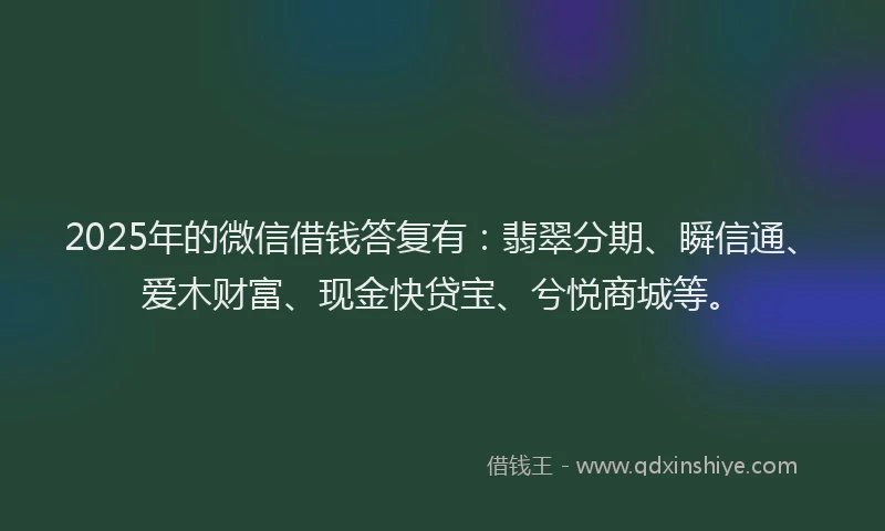2025年的微信借钱答复有：翡翠分期、瞬信通、爱木财富、现金快贷宝、兮悦商城等。