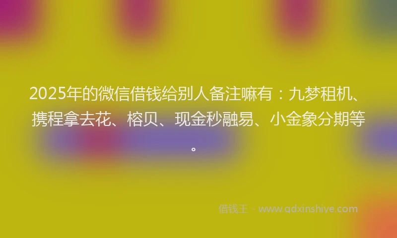 2025年的微信借钱给别人备注嘛有：九梦租机、携程拿去花、榕贝、现金秒融易、小金象分期等。