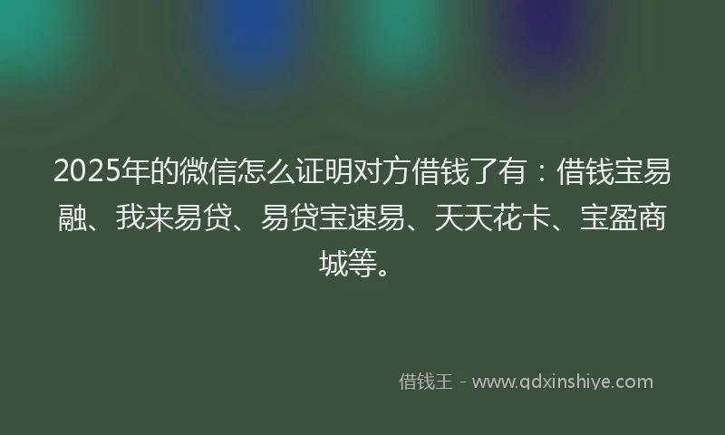 2025年的微信怎么证明对方借钱了有：借钱宝易融、我来易贷、易贷宝速易、天天花卡、宝盈商城等。