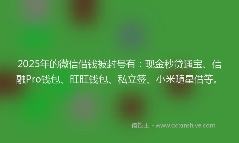2025年的微信借钱被封号有：现金秒贷通宝、信融Pro钱包、旺旺钱包、私立签、小米随星借等。