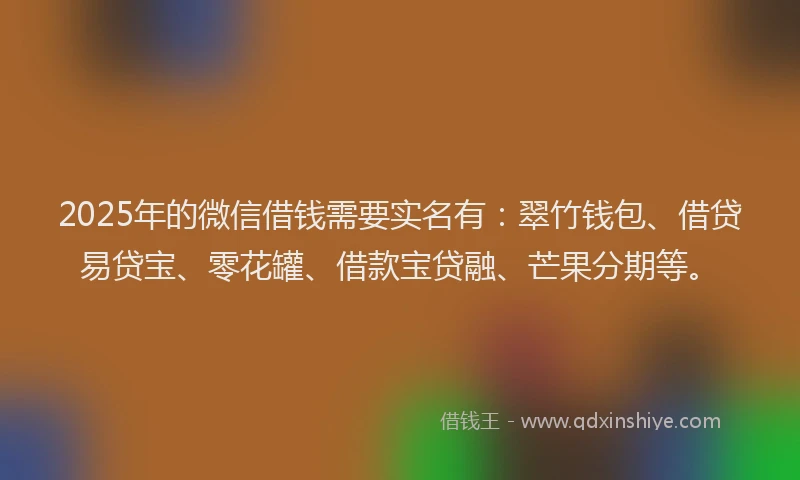 2025年的微信借钱需要实名有:翠竹钱包、借贷易贷宝、零花罐、借款宝贷融、芒果分期等。