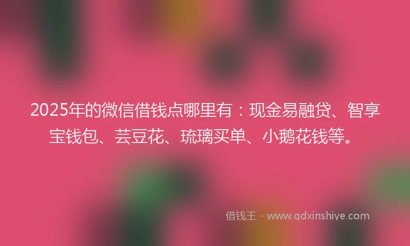 2025年的微信借钱点哪里有：现金易融贷、智享宝钱包、芸豆花、琉璃买单、小鹅花钱等。