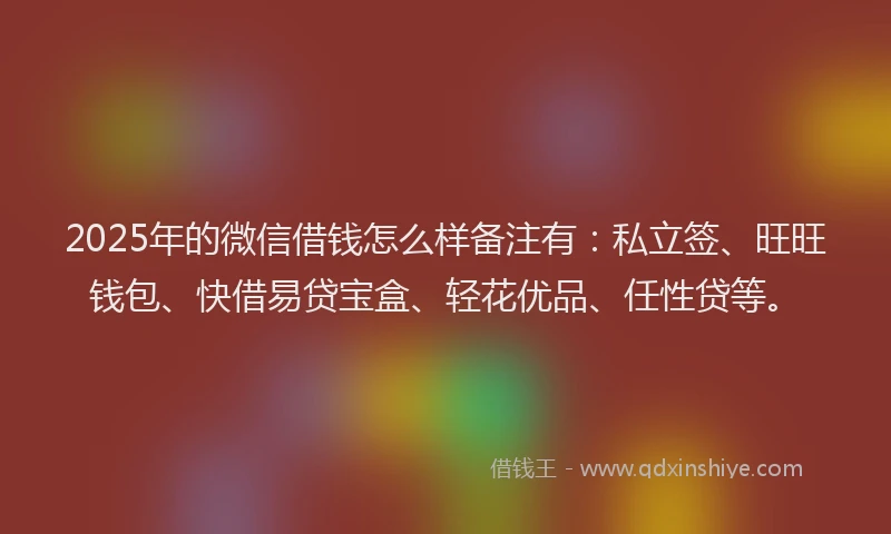 2025年的微信借钱怎么样备注有：私立签、旺旺钱包、快借易贷宝盒、轻花优品、任性贷等。