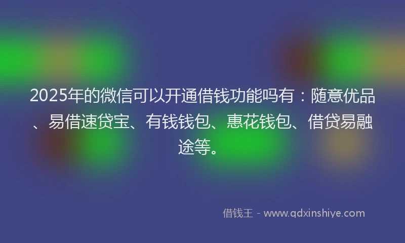 2025年的微信可以开通借钱功能吗有：随意优品、易借速贷宝、有钱钱包、惠花钱包、借贷易融途等。