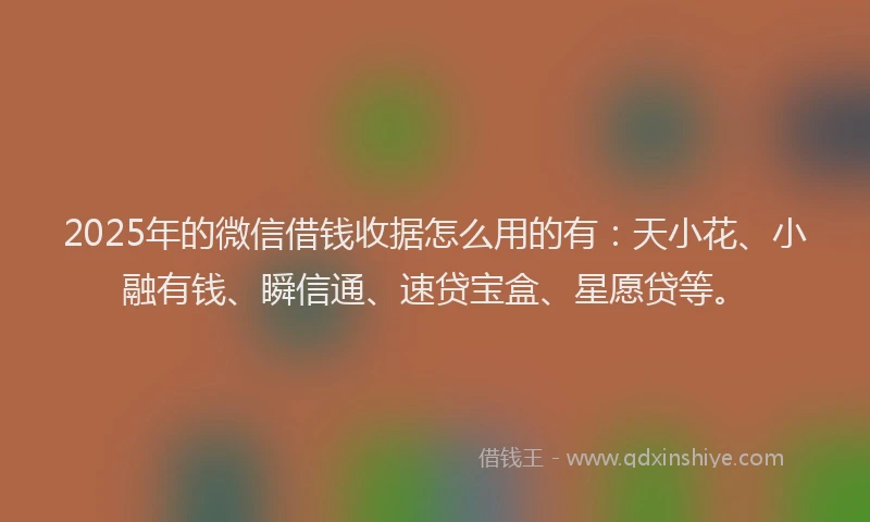 2025年的微信借钱收据怎么用的有：天小花、小融有钱、瞬信通、速贷宝盒、星愿贷等。