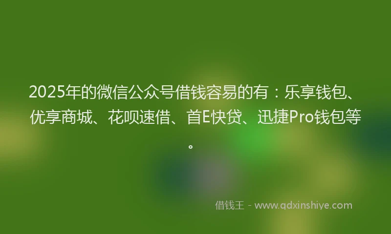 2025年的微信公众号借钱容易的有：乐享钱包、优享商城、花呗速借、首E快贷、迅捷Pro钱包等。