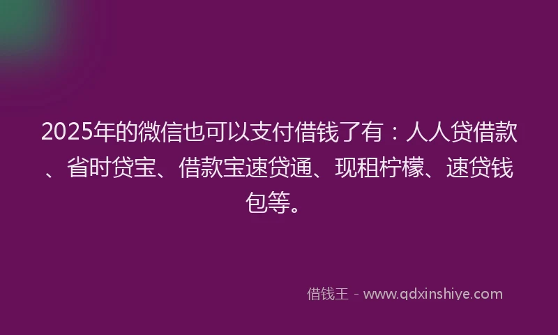 2025年的微信也可以支付借钱了有：人人贷借款、省时贷宝、借款宝速贷通、现租柠檬、速贷钱包等。