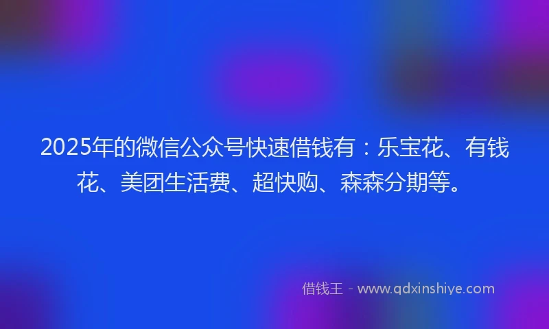 2025年的微信公众号快速借钱有：乐宝花、有钱花、美团生活费、超快购、森森分期等。