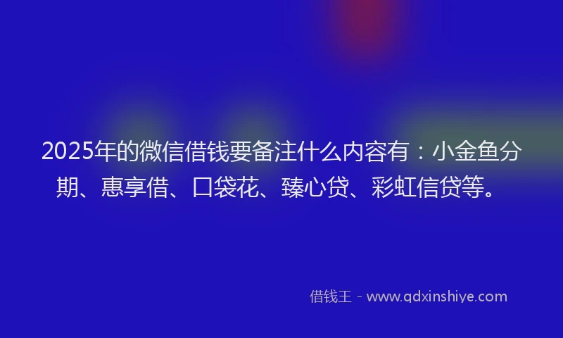 2025年的微信借钱要备注什么内容有：小金鱼分期、惠享借、口袋花、臻心贷、彩虹信贷等。