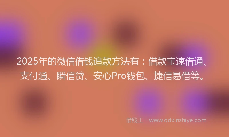 2025年的微信借钱追款方法有：借款宝速借通、支付通、瞬信贷、安心Pro钱包、捷信易借等。