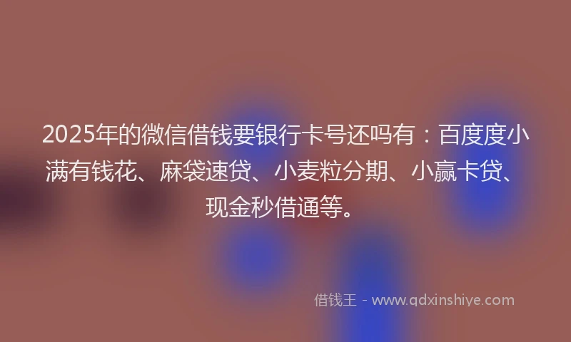 2025年的微信借钱要银行卡号还吗有：百度度小满有钱花、麻袋速贷、小麦粒分期、小赢卡贷、现金秒借通等。