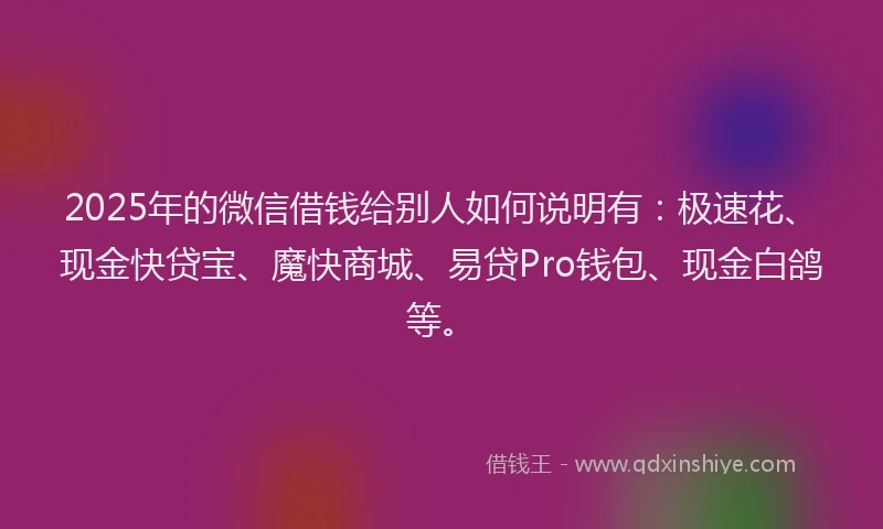 2025年的微信借钱给别人如何说明有：极速花、现金快贷宝、魔快商城、易贷Pro钱包、现金白鸽等。