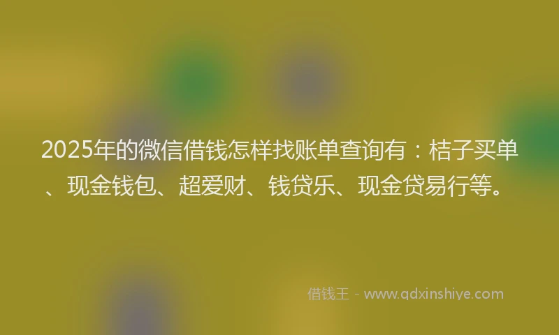 2025年的微信借钱怎样找账单查询有：桔子买单、现金钱包、超爱财、钱贷乐、现金贷易行等。