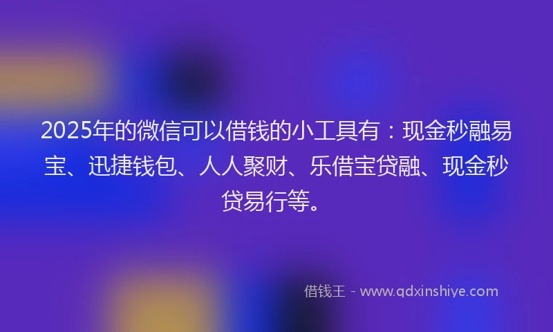 2025年的微信可以借钱的小工具有：现金秒融易宝、迅捷钱包、人人聚财、乐借宝贷融、现金秒贷易行等。