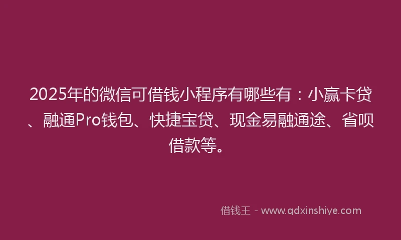 2025年的微信可借钱小程序有哪些有：小赢卡贷、融通Pro钱包、快捷宝贷、现金易融通途、省呗借款等。