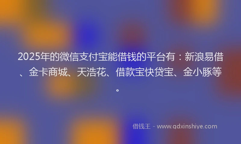 2025年的微信支付宝能借钱的平台有：新浪易借、金卡商城、天浩花、借款宝快贷宝、金小豚等。