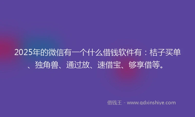 2025年的微信有一个什么借钱软件有：桔子买单、独角兽、通过放、速借宝、够享借等。