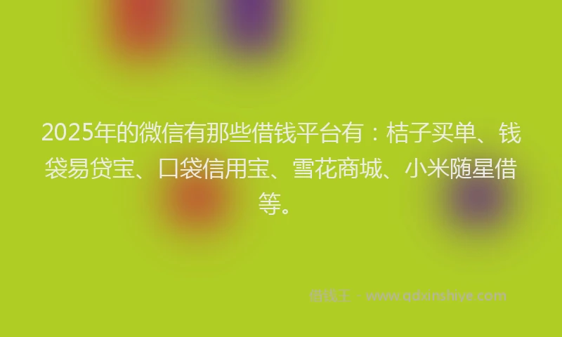 2025年的微信有那些借钱平台有：桔子买单、钱袋易贷宝、口袋信用宝、雪花商城、小米随星借等。