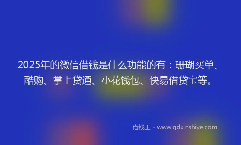2025年的微信借钱是什么功能的有：珊瑚买单、酷购、掌上贷通、小花钱包、快易借贷宝等。
