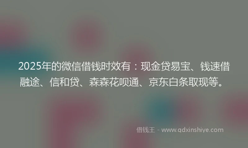 2025年的微信借钱时效有：现金贷易宝、钱速借融途、信和贷、森森花呗通、京东白条取现等。