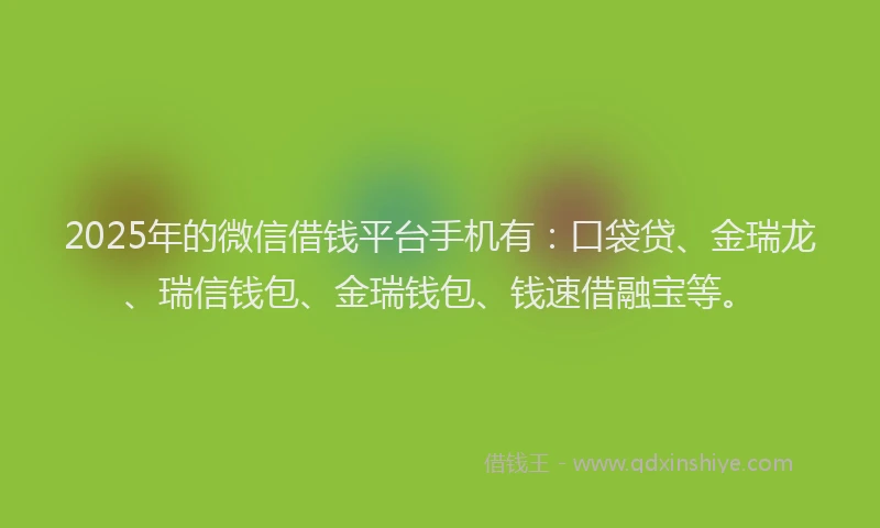 2025年的微信借钱平台手机有：口袋贷、金瑞龙、瑞信钱包、金瑞钱包、钱速借融宝等。