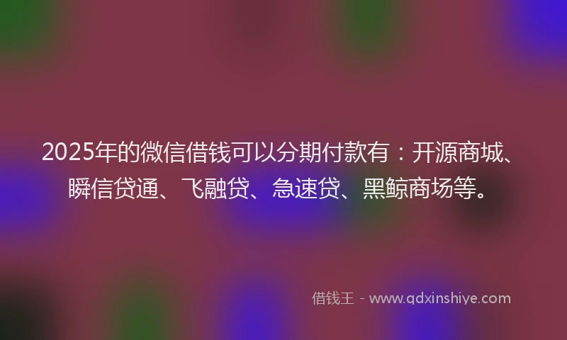 2025年的微信借钱可以分期付款有：开源商城、瞬信贷通、飞融贷、急速贷、黑鲸商场等。