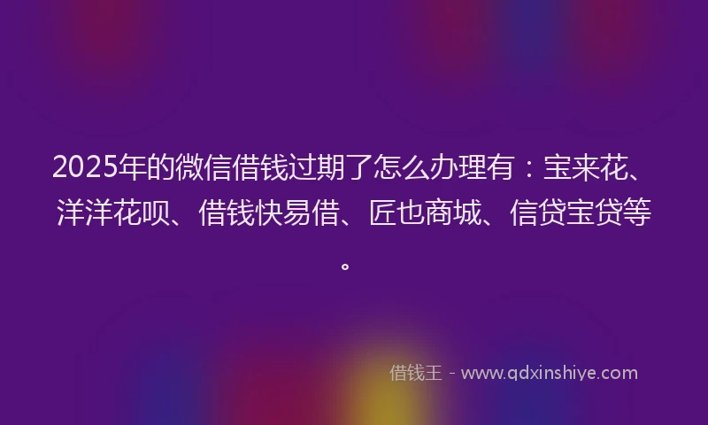 2025年的微信借钱过期了怎么办理有：宝来花、洋洋花呗、借钱快易借、匠也商城、信贷宝贷等。