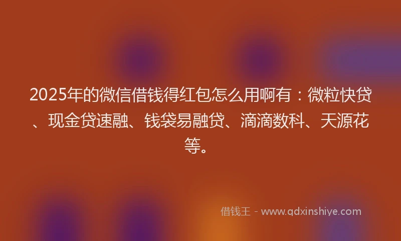 2025年的微信借钱得红包怎么用啊有:微粒快贷、现金贷速融、钱袋易融贷、滴滴数科、天源花等。