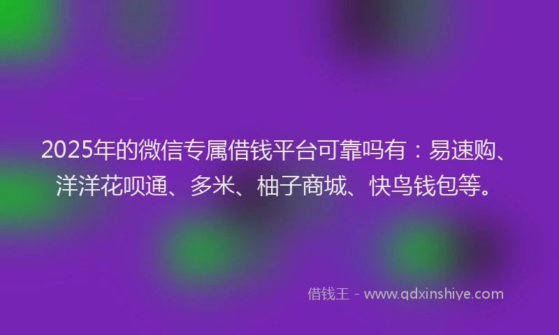 2025年的微信专属借钱平台可靠吗有：易速购、洋洋花呗通、多米、柚子商城、快鸟钱包等。