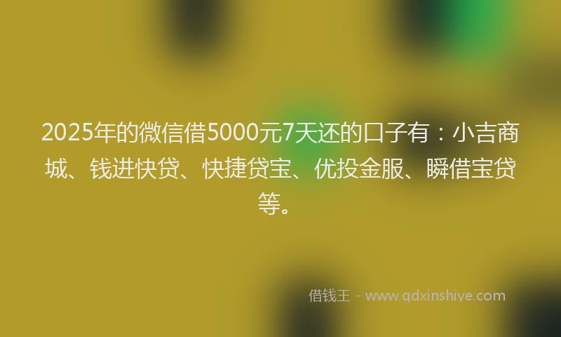 2025年的微信借5000元7天还的口子有：小吉商城、钱进快贷、快捷贷宝、优投金服、瞬借宝贷等。