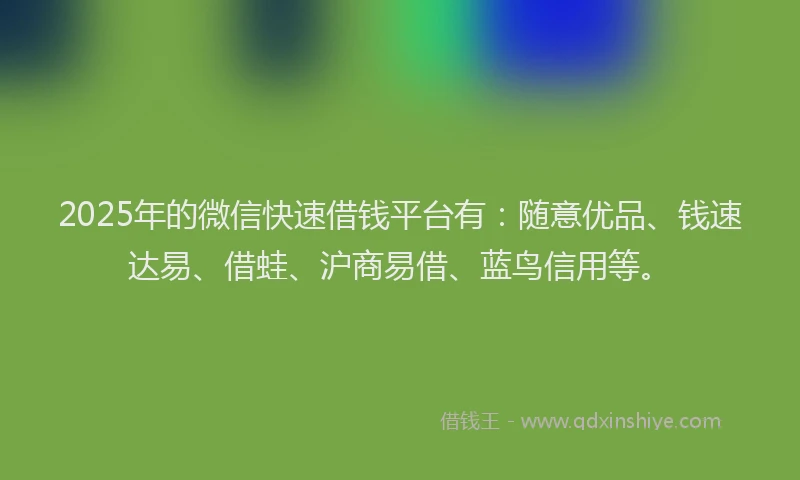 2025年的微信快速借钱平台有：随意优品、钱速达易、借蛙、沪商易借、蓝鸟信用等。