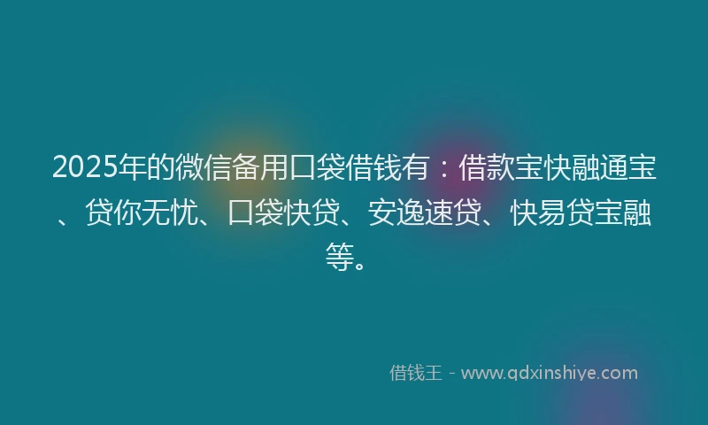 2025年的微信备用口袋借钱有：借款宝快融通宝、贷你无忧、口袋快贷、安逸速贷、快易贷宝融等。